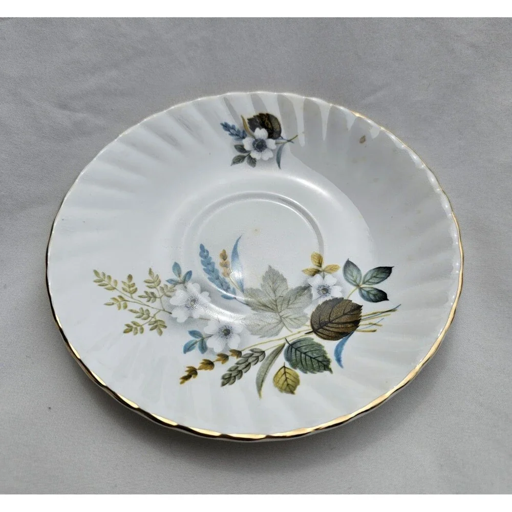 Royal Dover Bone China Floral Leaves Wheat Gold Trim Teacup Saucer Set